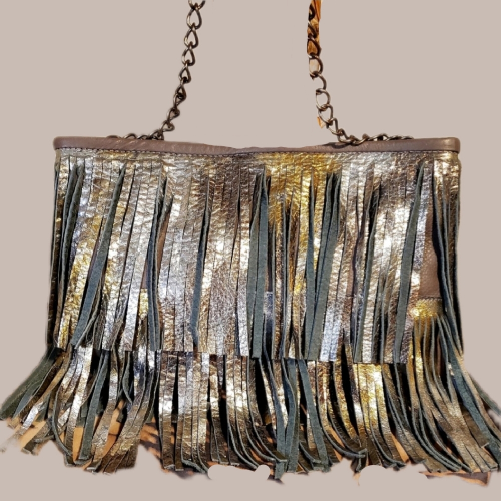 POSSE Ombre Met.Bronz. Gld Pewter Leather Fringe Clutch-NWOT